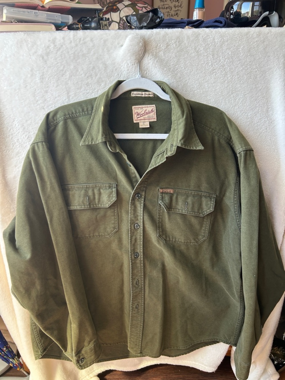 Woolrich Expedition Chamois Olive Military Green Button-Up Shirt Jacket